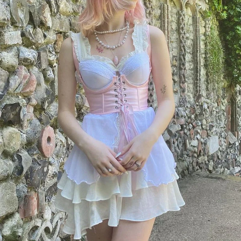Rapcopter y2k Pink Lace Up Corset Top Backless Cute Sweet Strap Mini Vest Buister Cummerbund Sweats Women Fairycore Crop Top New