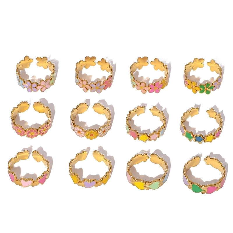 Retro IG Style Heart Shape Flower Titanium Steel Enamel Plating Stainless Steel Rings
