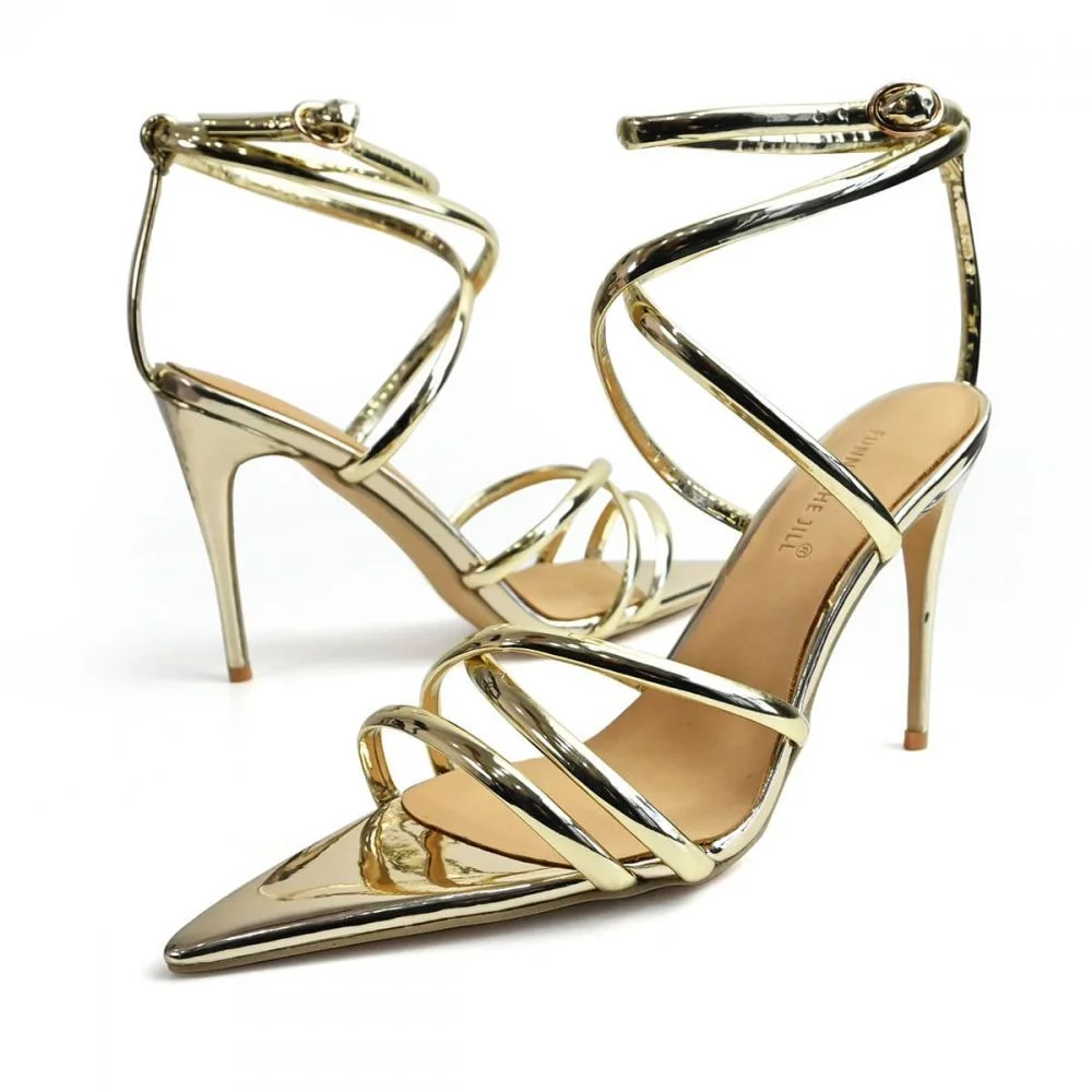 Gold Strappy Heels Pointed Toe Heels Heel Sandals For Women