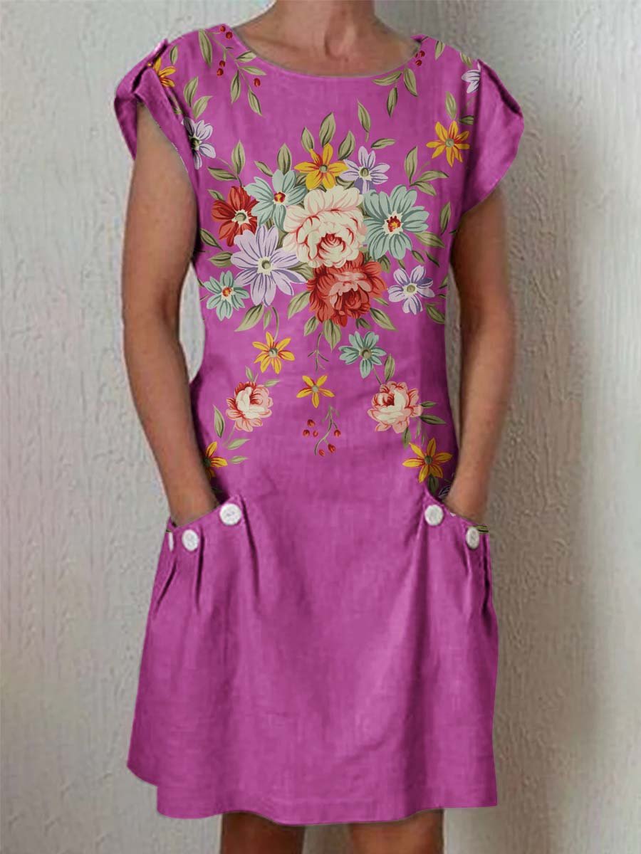 Women's Classic Floral Pattern Cotton and Linen Dress