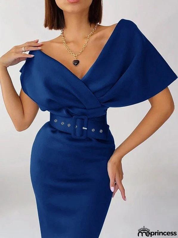 Women's Dresses One Word Collar Belt Bodycon Dresses