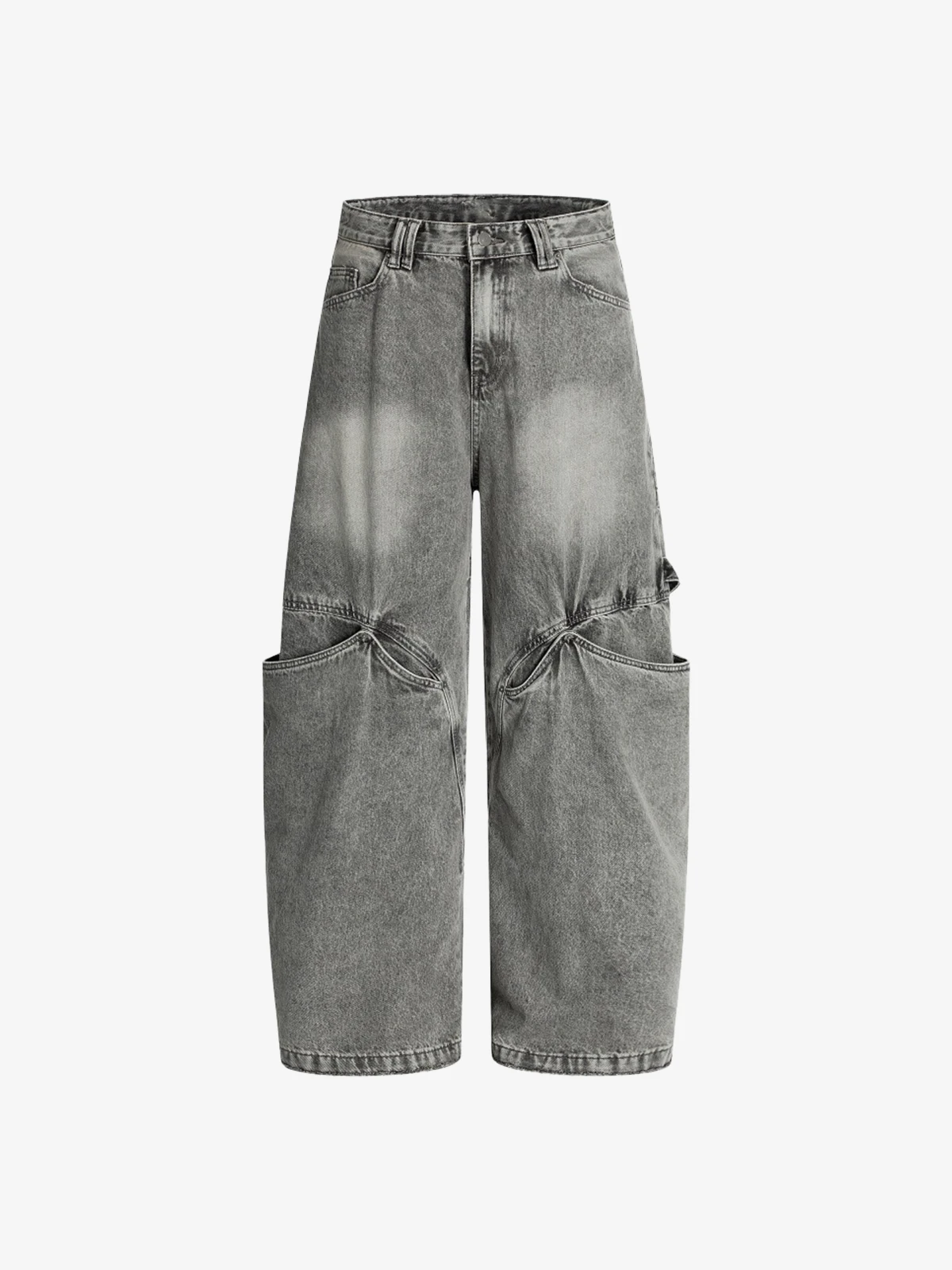 Icy Silver Grey Act Chic Washed Patchwork Cutout Big Pocket Jeans Front
