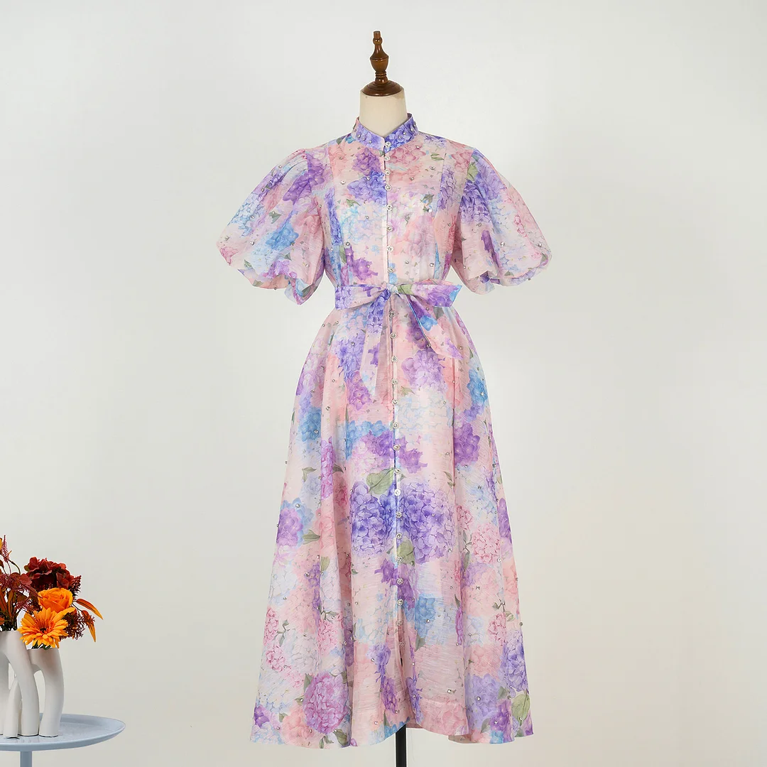 Nigikala Nigikala Court Style High Design Feeling Heavy Industry Nail Drill Short Sleeve Single Buckle Dress + Sling