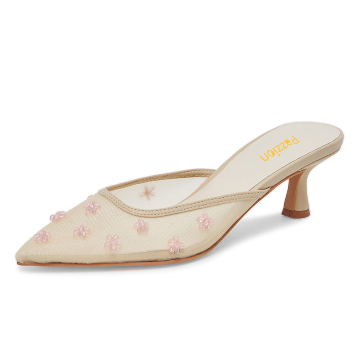 Nude Mesh Pointed Toe Kitten Heel Mules Shoes with Pink Crystal Flower Nicepairs