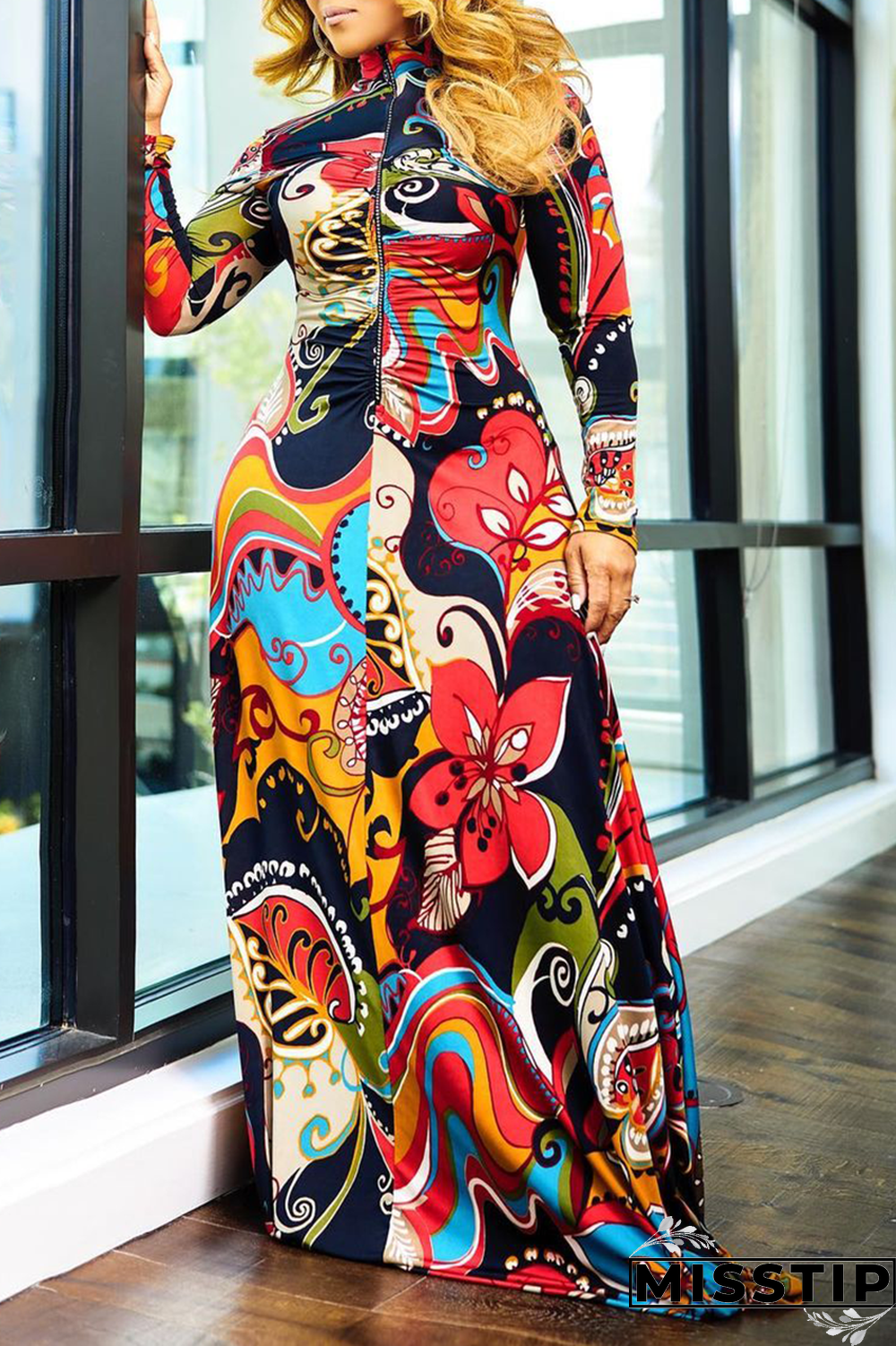Red Sexy Print Patchwork Turtleneck Irregular Dress Dresses