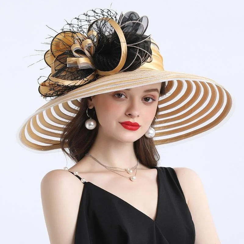 Elegant Women Feather Flower Striped Church Party Wedding Hat