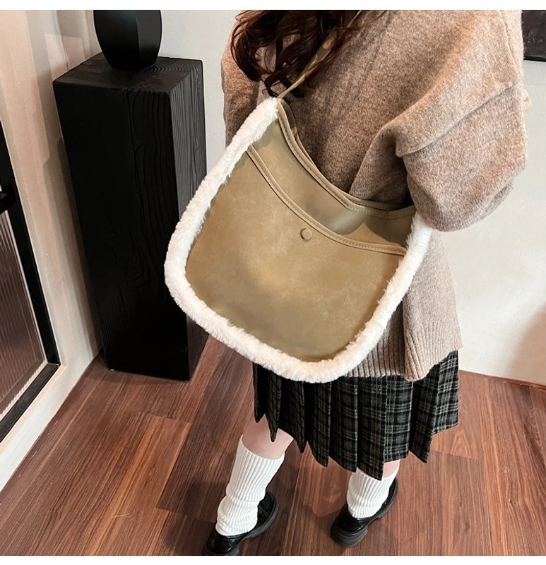 Women’s Medium Suede Solid Color Streetwear Square Magnetic Buckle Tote Bag