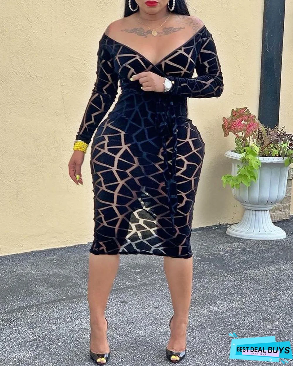 Geo Print See Through Mesh Dress Black Dresses