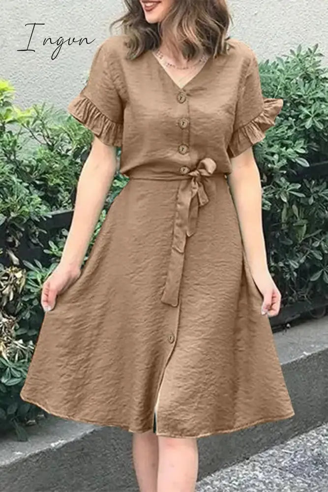 Ingvn - Casual Simplicity Solid Frenulum Buckle Flounce V Neck A Line Dresses Coffee / S