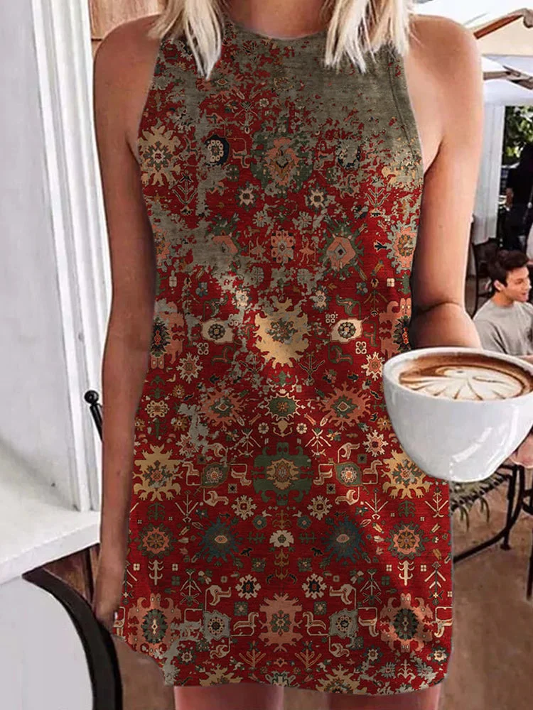 Crew Neck Sleeveless Tribal Print Dresses