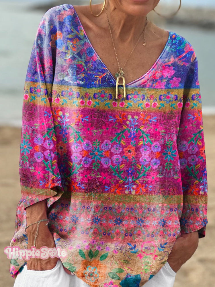 Women’s Floral Power Print Casual V-Neck Long Sleeve Comfortable Cotton T-Shirt Multicolor / S