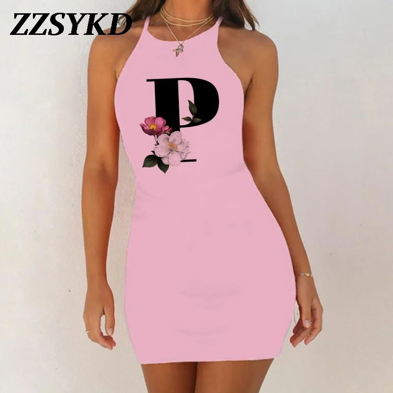 26 English Alphabet Print Summer Sexy Clothes Women Dresses 2020 Plus Size Dress Bodycon Evening Party O-Neck Pink Mini Vestidos