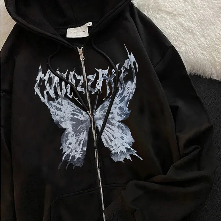 Y2k Harajuku Hoodies Women Autumn Winter Hip Hop Zipper Butterfly Aesthetic Hooded Sweatshirt Female Goth Punk Jacket Coat