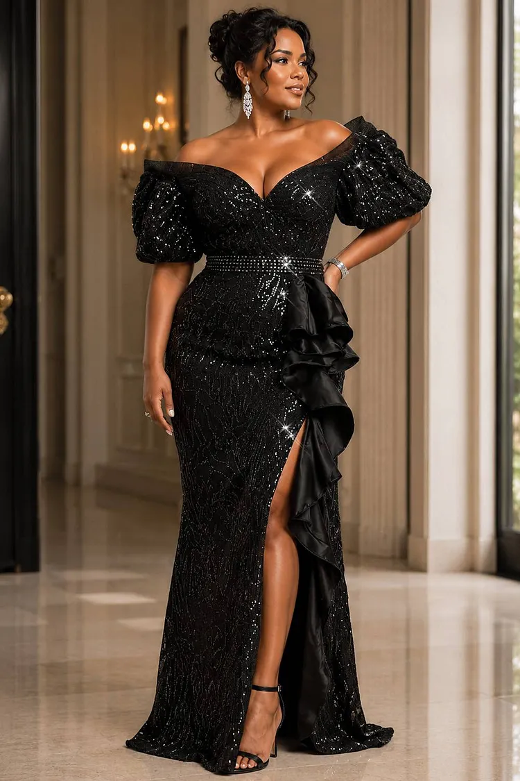 Xpluswear Design Plus Size Formal Black Off The Shoulder Short Sleeve Split Ruffle Sequin Maxi Dresses [Pre-Order] 2024 - Xpluswear