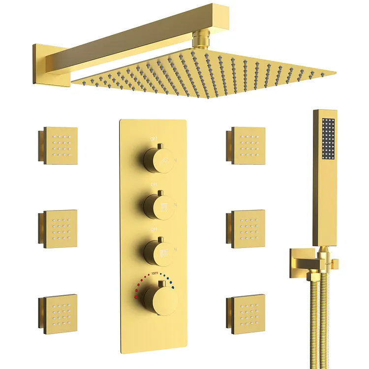 EVERSTEIN 12" Rainfall Shower System with Body Jets and Handheld Shower Brushed Gold