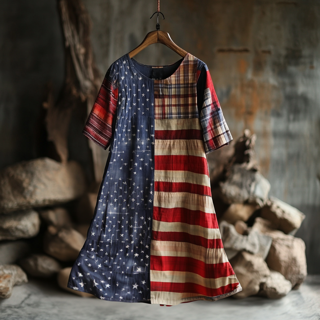 Women's Retro Independence Day Flag Check Short Sleeve Dress