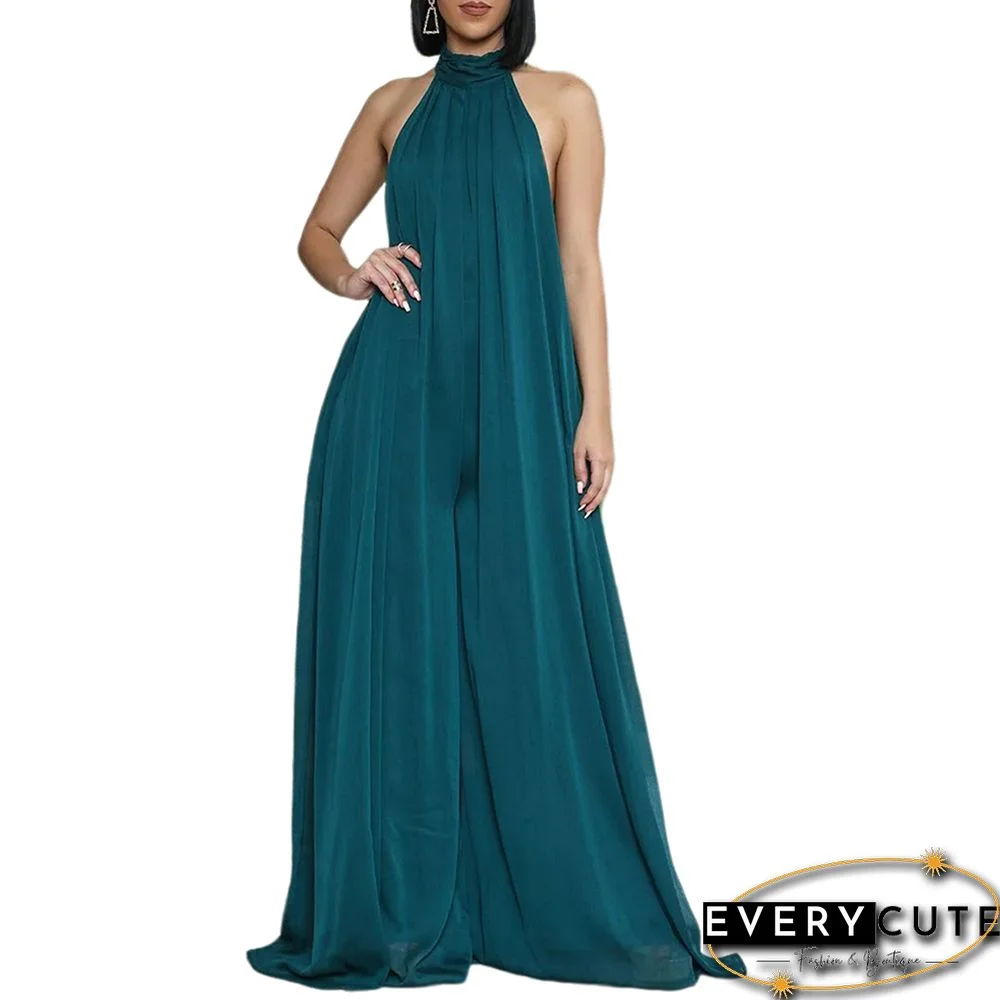 Peacock Blue Halter Neck Backless Chiffon Wide Leg Jumpsuit