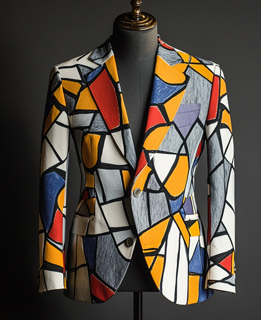 Okaywear Business Notched Lapel Two Button Geometric Colorblocks Blazer