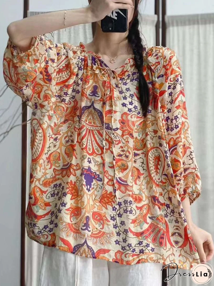 Women Summer Artsy Floral Drawstring Lacework Loose Shirt