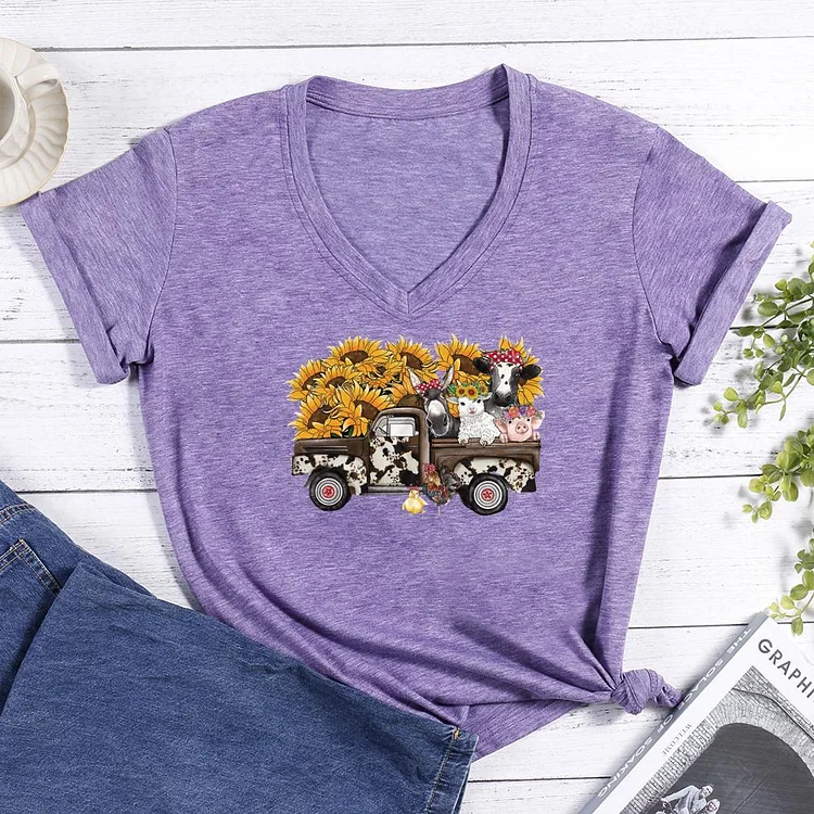 Sunflower Farm Animals Truck V-neck T Shirt
