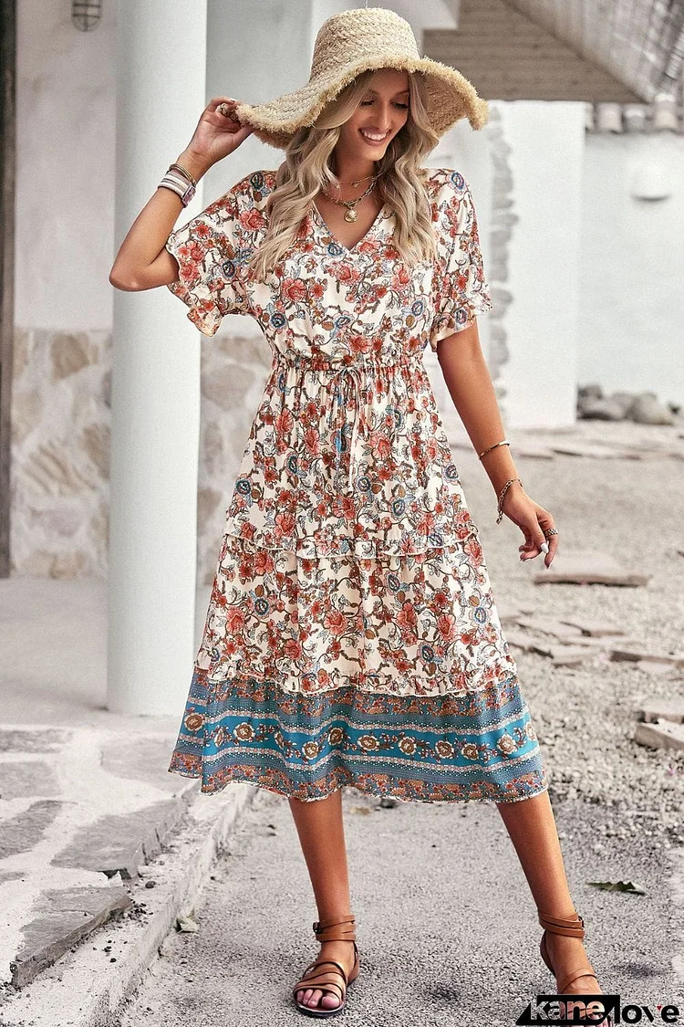 Drawstring V-Neck Short Sleeve Midi Dress