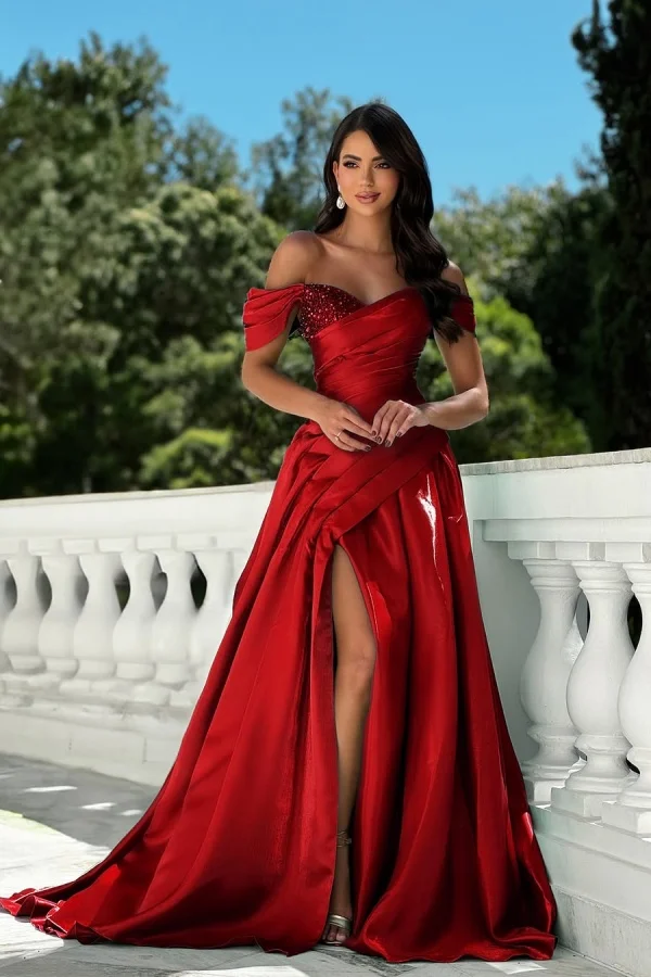 Red Off-The-Shoulder Pleated Split Prom Dress ZT0742