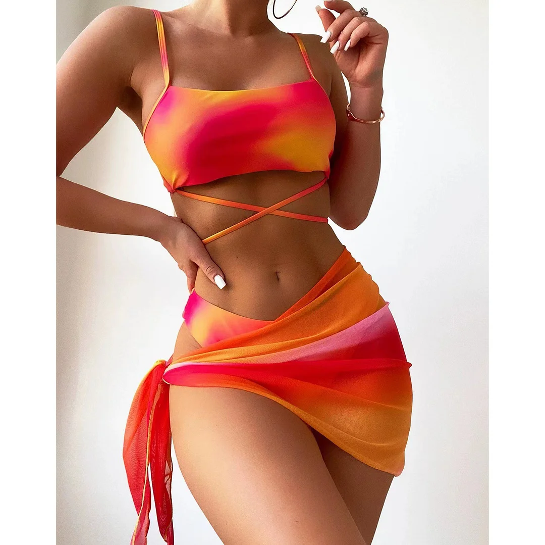 Churchf 2025 Tie-Dye Bikini Women's Three-Piece Mesh Dress Split Bikini Swimsuit