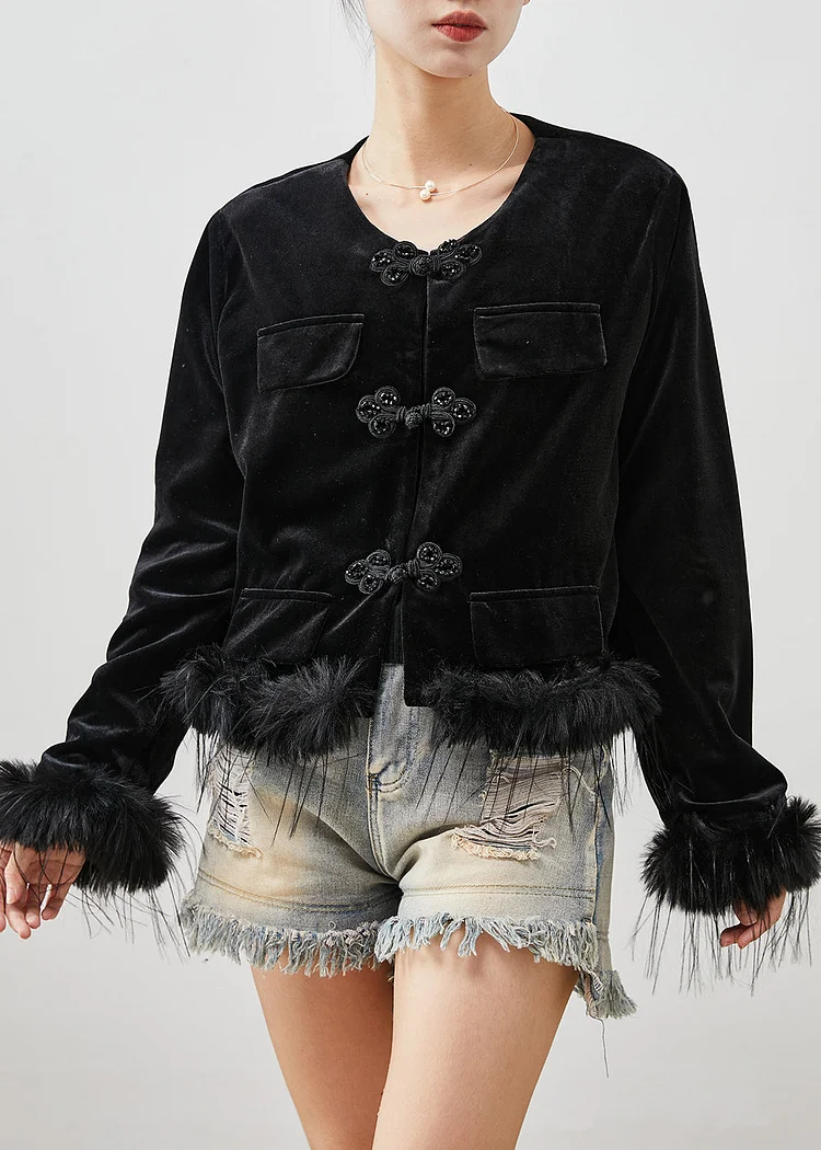 Beautiful Black Chinese Button Patchwork Feather Silk Velour Jackets Spring