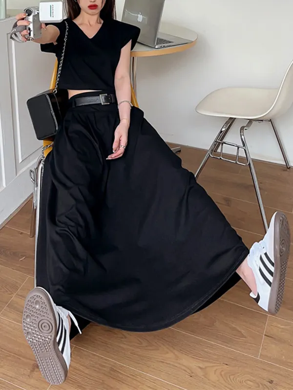 High-Gloss Pleated A-Line Skirt - 8059_KHAKI main image 1