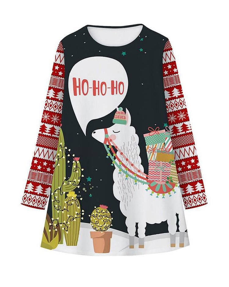 Mayoulove Christmas Alpaca Fair Isle Print Long Sleeve Sleeves Girls Dress-Mayoulove