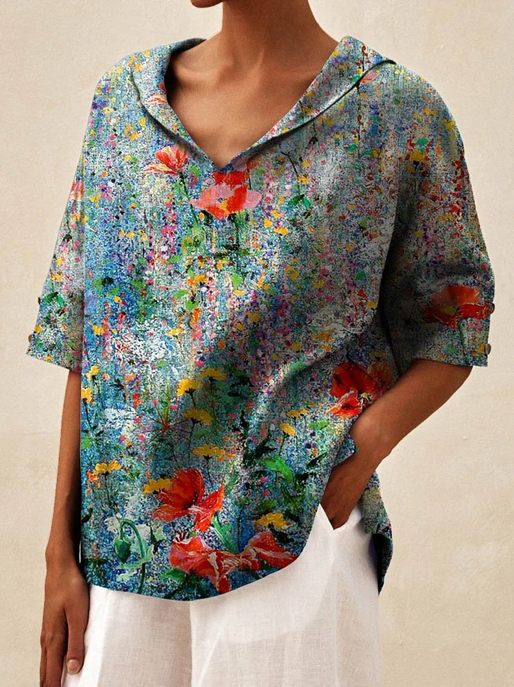 Women's Vintage Floral Art Print Casual Linen V-neck Shirt