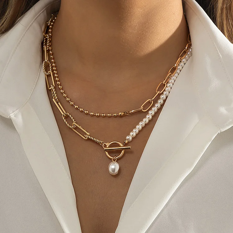 Fashion Beaded Chain Pearl Buckle Metallic Necklace-Gold