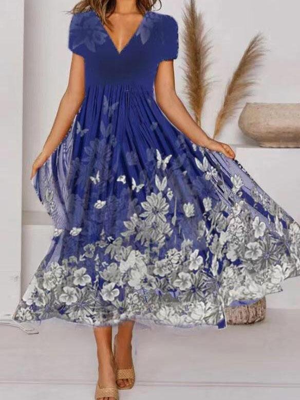 Women Short Sleeve V-neck Printed Maxi Dress