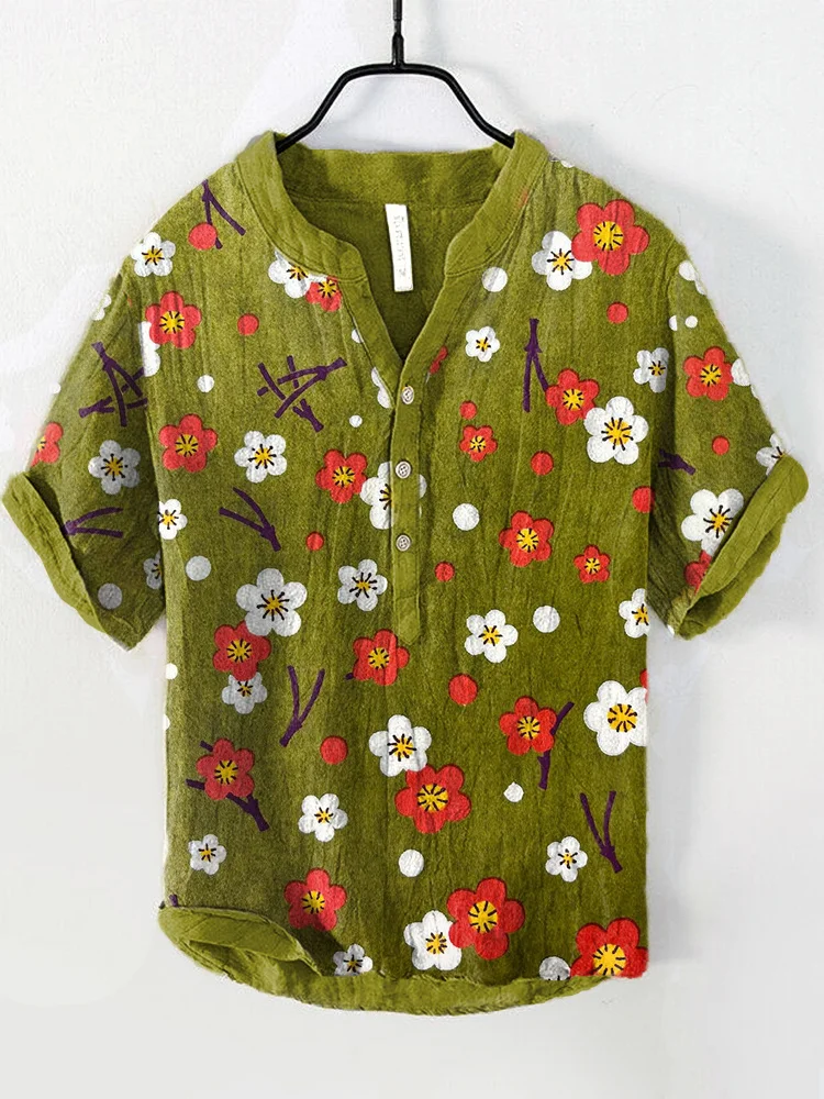 Plum Flowers Japanese Art Cozy Cotton Linen Shirt