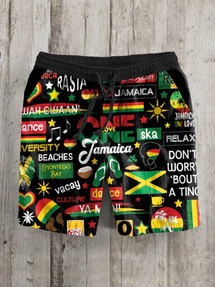 Men's Reggae Inspired Art Print Linen Blend Shorts