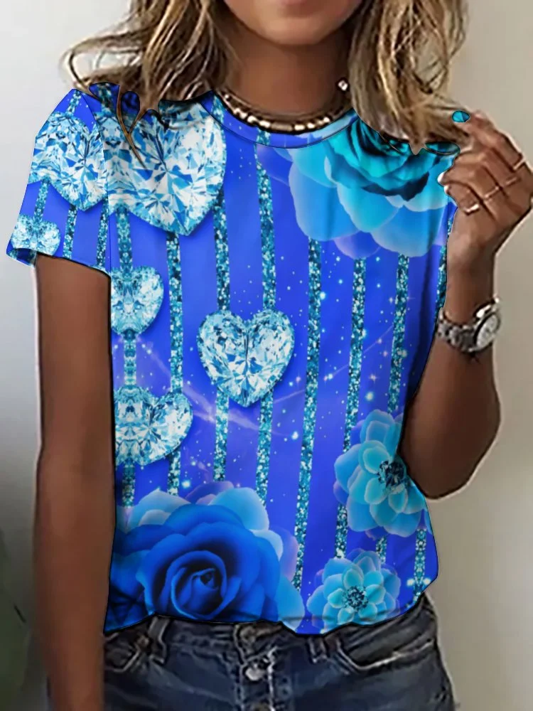 Printed Short Sleeve Casual T-shirt for  Women and Men Unisex Pattern Floral, Blue, Rose