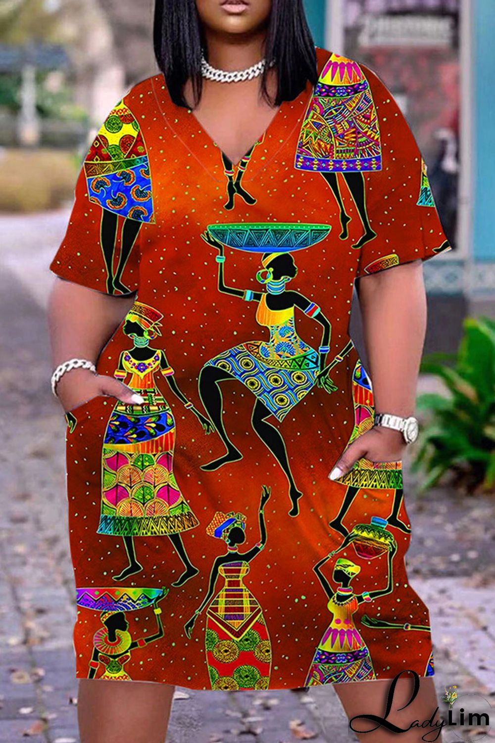 Blue Casual Print Patchwork Basic V Neck Short Sleeve Dress