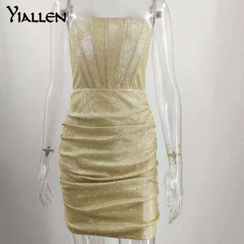 Yiallen Women Sequins Mini Party Dresses Summer Strapless Fashion Solid Sleeveless With Fishbone Mini Skinny Dress High Quality
