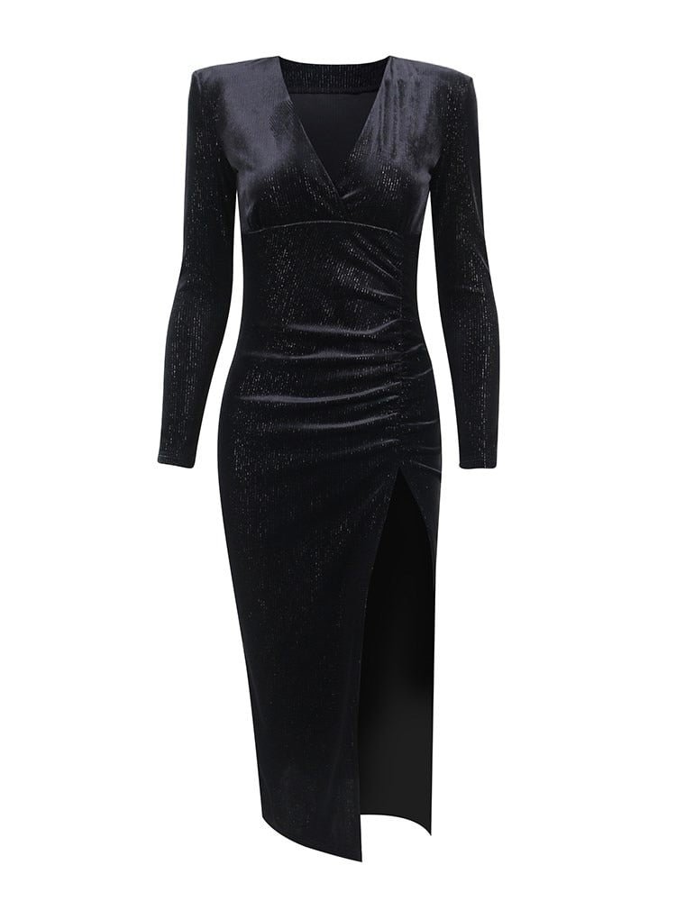 WannaThis Velvet Dress Women High Split Sequin Sexy Folds Shrug Casual Elegant Long Sleeve Fall Bodycon Clubwear Christmas Dress