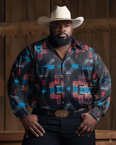 Men's  Plus Size Native Pattern Fleece Western Shirt in Black & Blue Long Sleeve Trousers Two-Piece Set