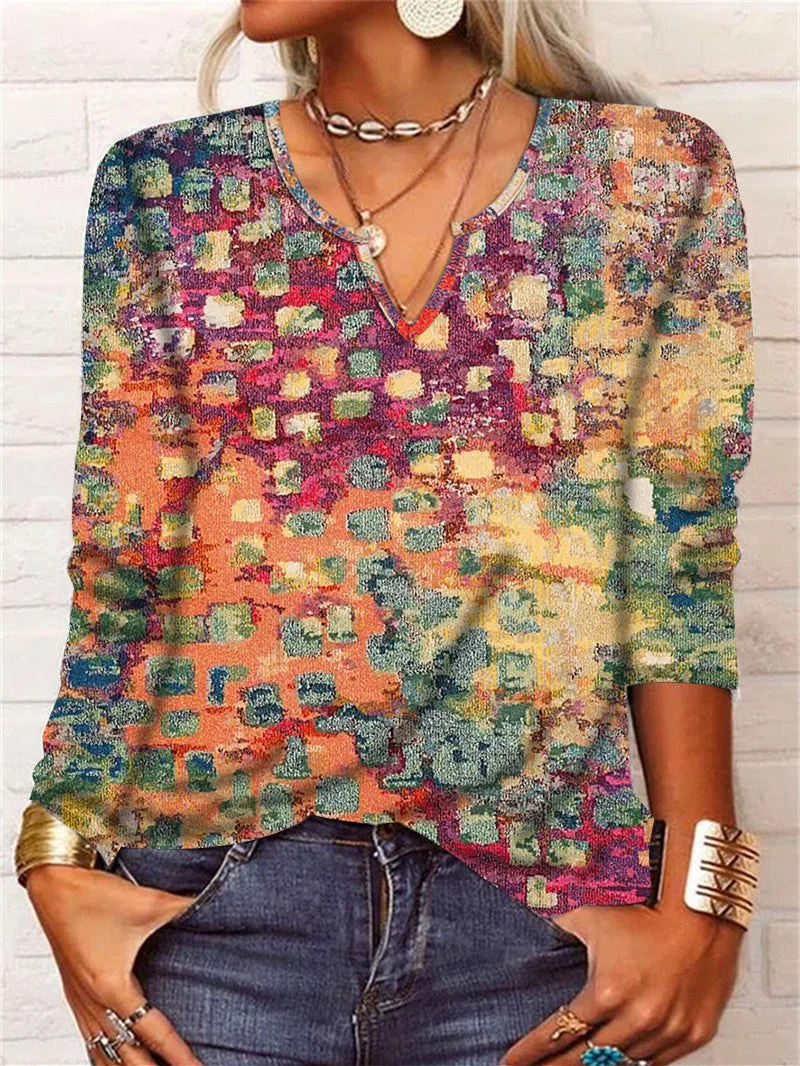 Women's Long Sleeve V-neck Printed Graphic Tops
