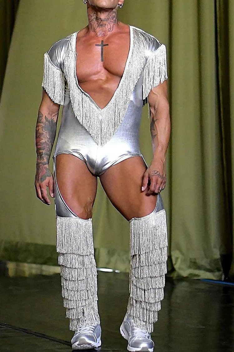 Ciciful Metallic Fringe Patchwork Detachable Leg Warmer Festival Silver Jumpsuit
