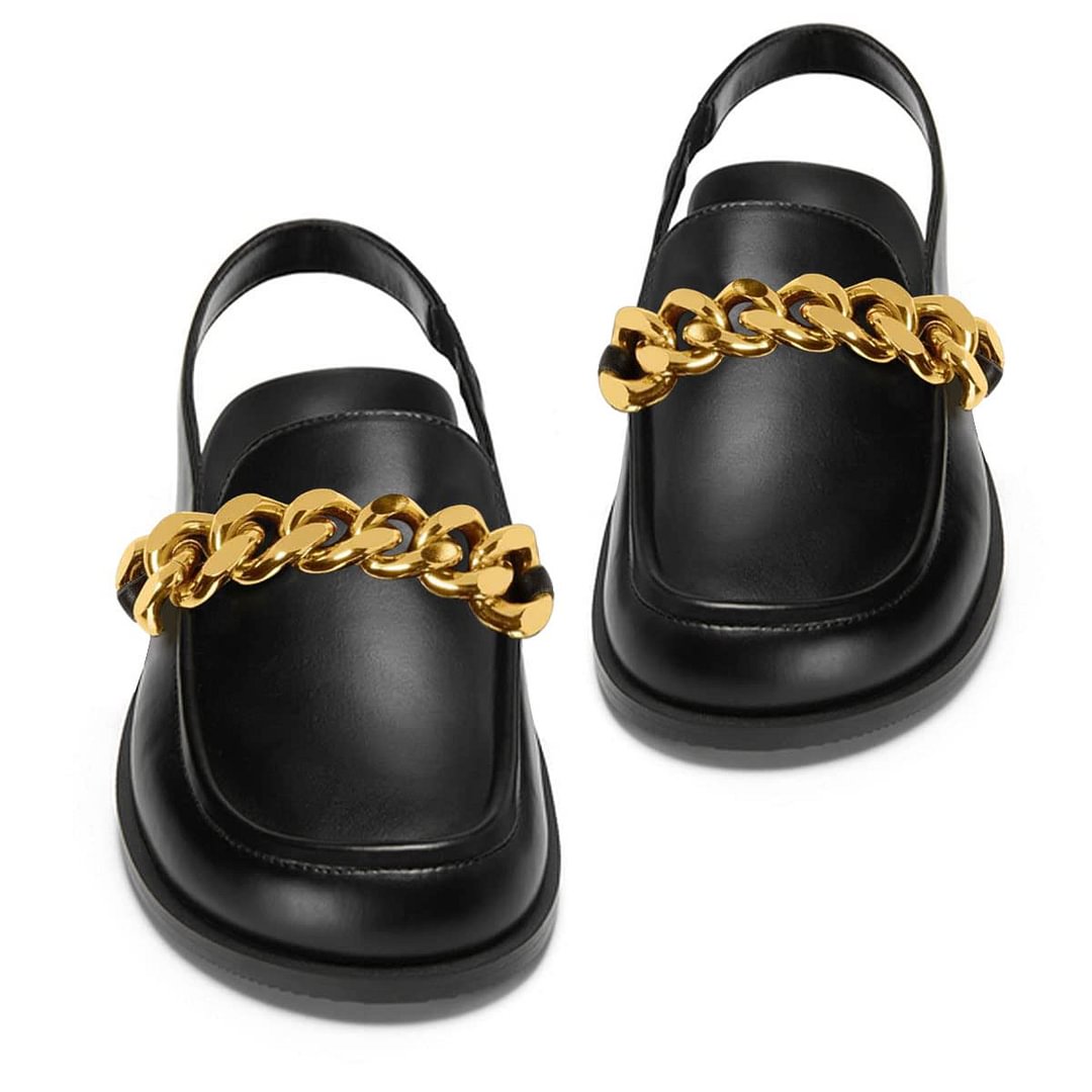 Black Round Toe Flat Slingback Women's Loafers with Gold Metal Chain