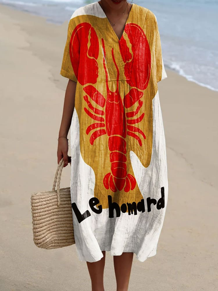 Women's Vintage Fish Lobster Art Print Flowy Dress