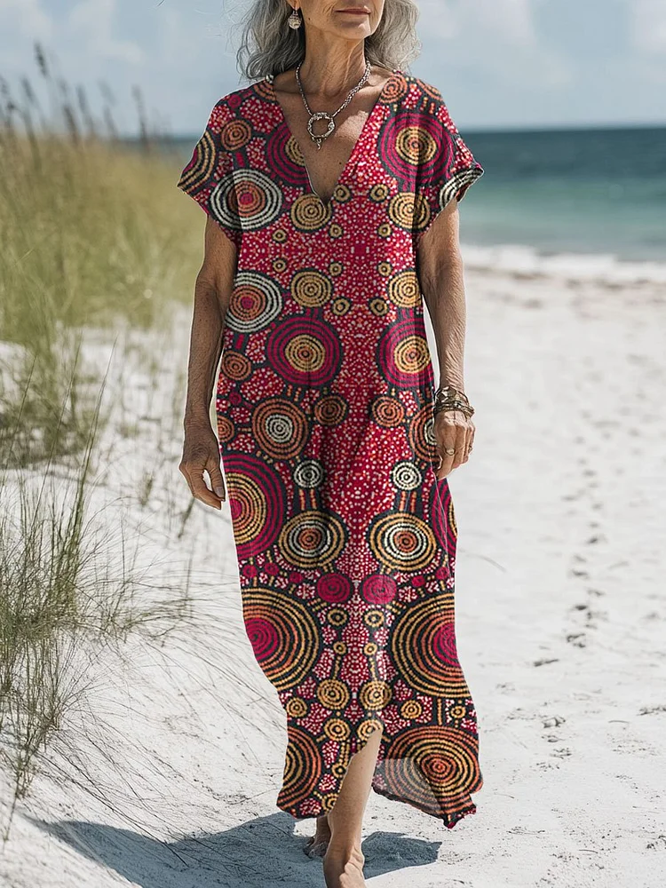 Women's Vintage Art Print Pocket Cotton Dress