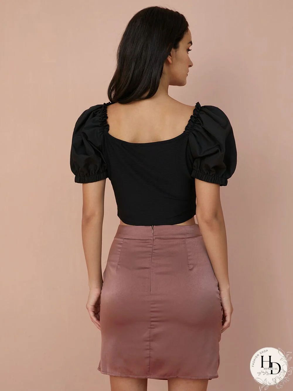Solid Puff Sleeve Square Collar Crop Top For Women