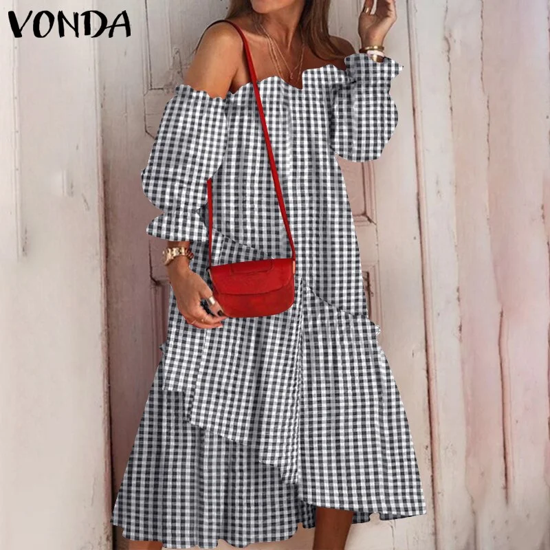 2022 VONDA Summer Sexy Off Shoulder Dress Women Long Sleeve Irregular Hem Lace Pleated Midi Sundress Bohemian Party Beach Robe