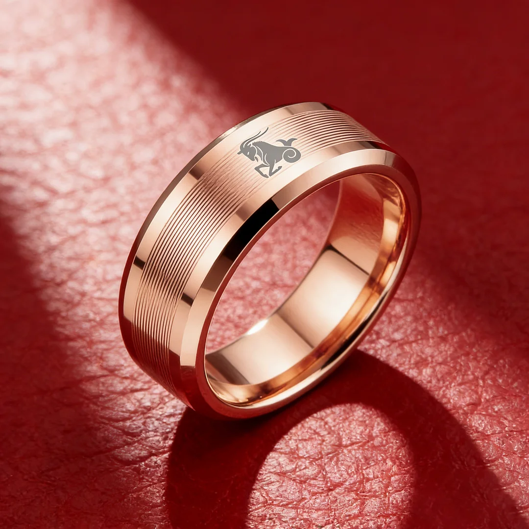 Mens Womens Rose Gold Capricorn Tungsten Carbide Band Rose Gold Edges and Laser Etched Wedding Rings Comfort Fit 4MM 6MM 8MM