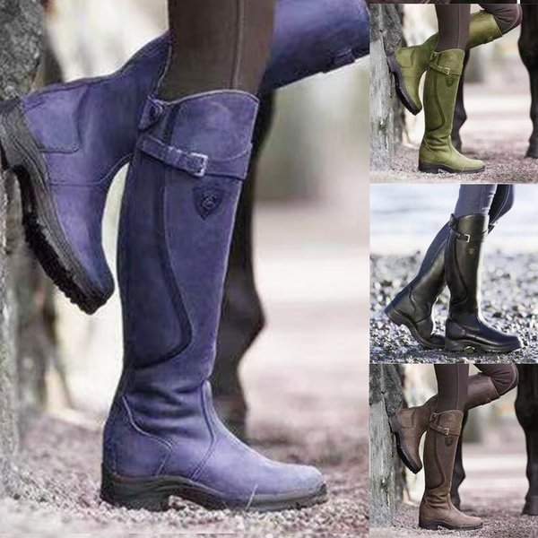 New Women Fashion Winter Low Heel Belt Buckle Riding Leather Boots Knee High Cowboy Boots - Shop Trendy Women's Fashion | TeeYours