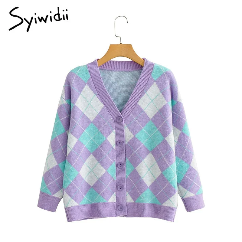 Syiwidii Argyle Cardigans Fall 2021 Women Clothing Knitted Korean Fashion Purple Tops Sweater Casual Single Breasted V-Neck Slim